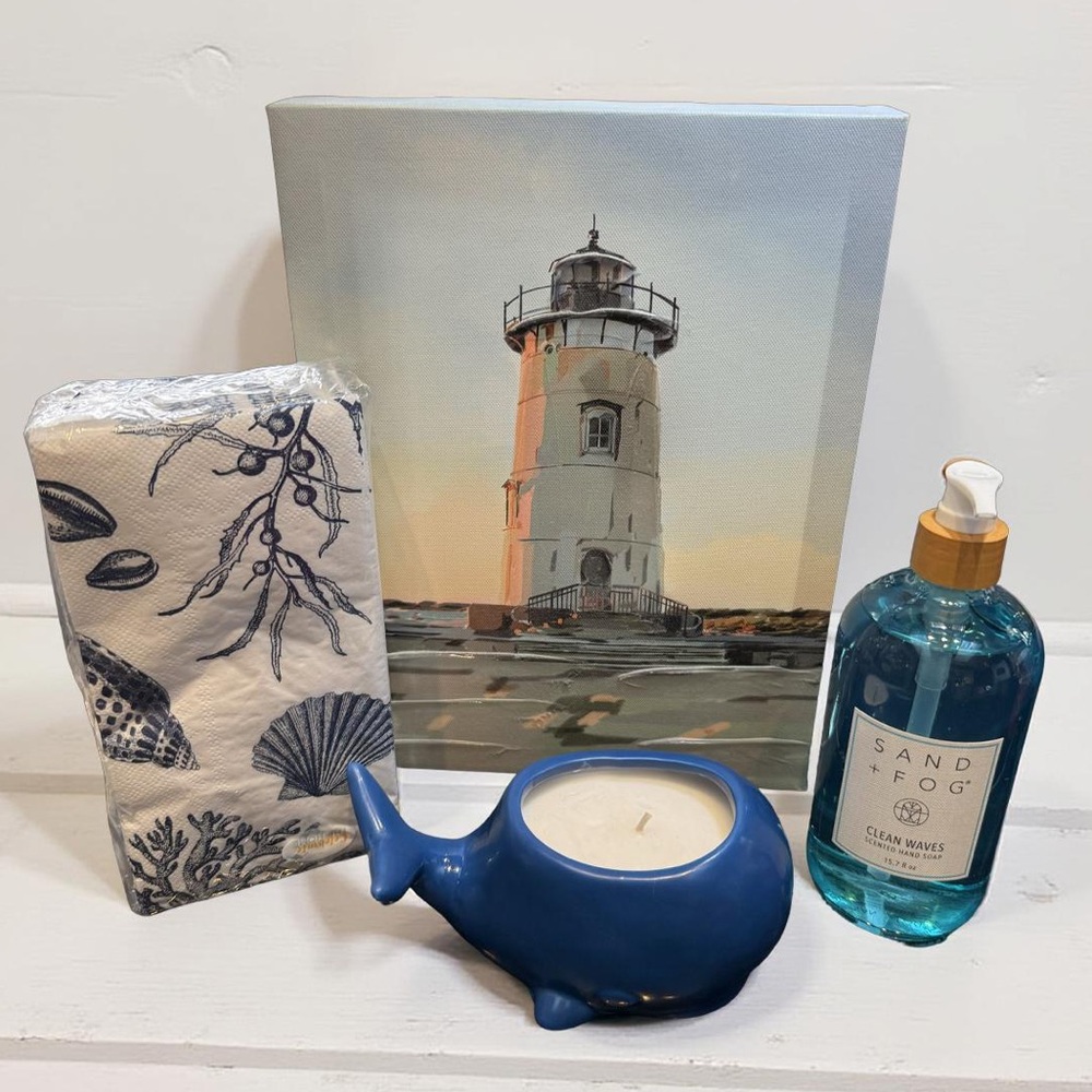 Sand + Fog  NWT Beach Set Lighthouse Canvas Whale Candle Hand Soap Guest Towels